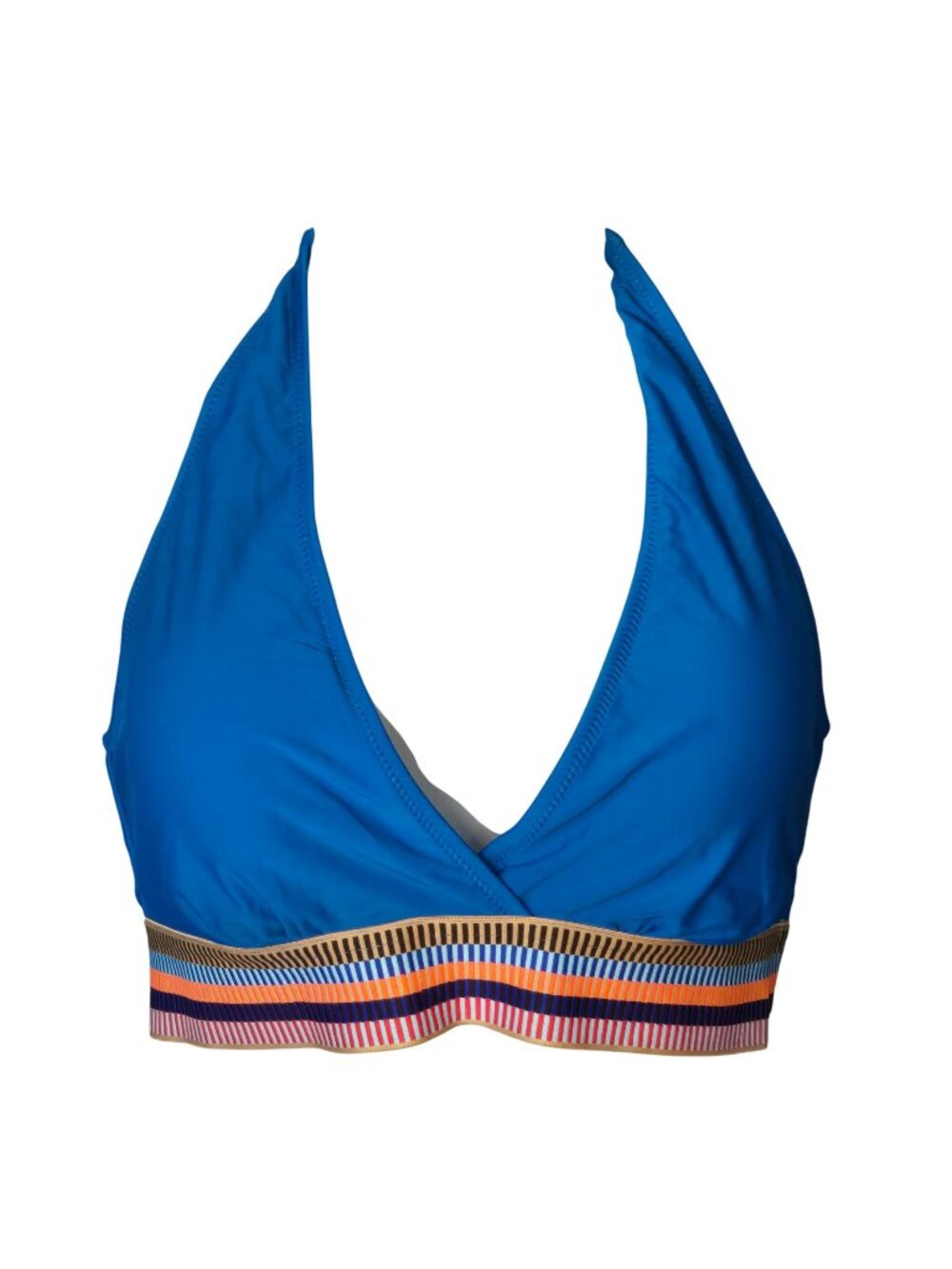 Deep V‑Neck Halter Bikini Top Medium Teal Blue Striped Band Pull‑On Lined